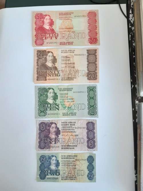 Set of R2, R5, R10, R20 and R50 Chris Stals South African Banknotes